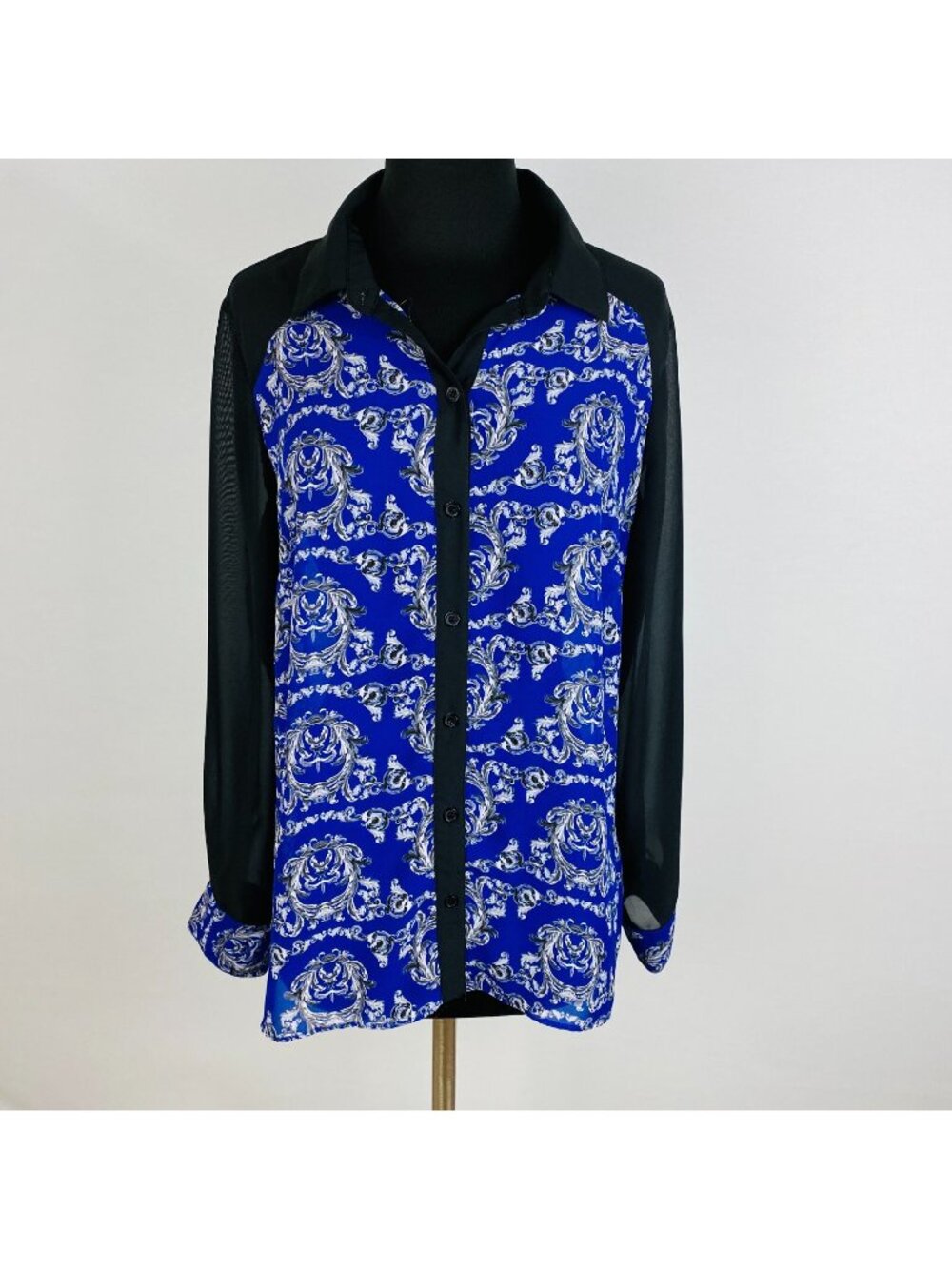 AGB Black Blue Gray Bohemian Boho Dressy Button Down Women's Shirt Size L Large